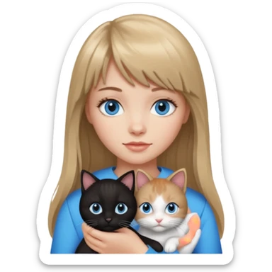 Apple-style emoji sticker of a young woman with long dark blond hair and bang, blue eyes , holding a black and white kitty sticker
