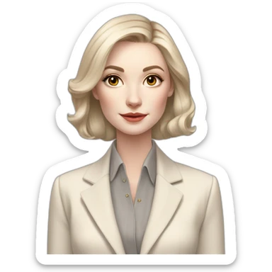 pale skin woman with ash blonde Straightened bob Hair, White Spacious classical jacket, beige palazzo Arrow pants and gray blouse holding RAL colour palette in the hands sticker