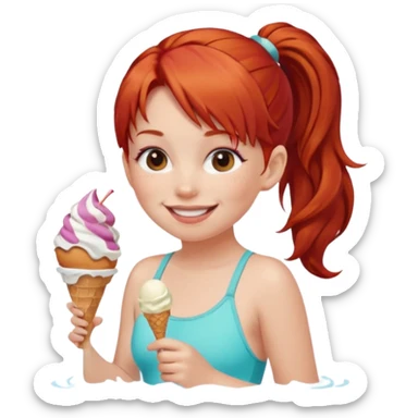 girl kid red haired swimsuit, eating ice cream, ponytail sticker