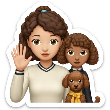 A Asia pony tail girls and brown poodle Say goodbye sticker