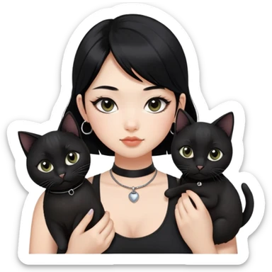 Asian girl, black hair.  Holding two BLACK cats with one cat has a round fat face. Both pure black.  The girl also wearing a black singlet, a black chocker, silver round hook earring, and wearing eyeliner.  sticker