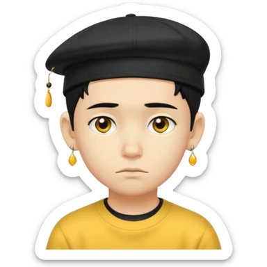 Create me an emoji like that, sad, with earrings, a black cap backwards, yellow skin like an emoji, and short hair down to the nape of my neck. Let it be a boy sticker