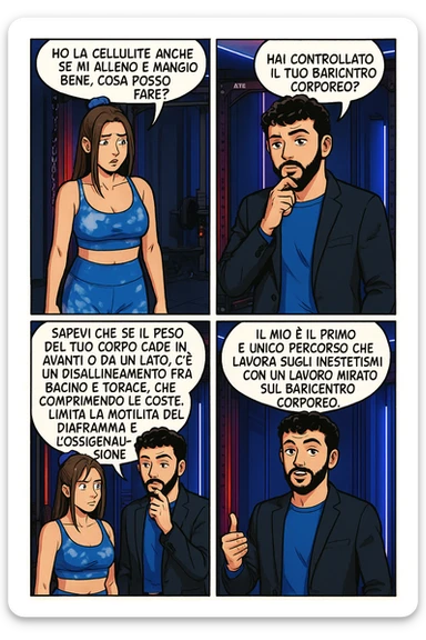 TRASFORMA QUESTO CAROSELLO IN UN FUMETTO STILE MANGA A COLORI CON QUESTE DUE PERSONE IDENTICHE CHE INTERLOQUISCONO TRA LORO:

LEI: Ho la cellulite anche se mi alleno e mangio bene, cosa posso fare?

LUI: Hai controllato il tuo baricentro corporeo?
LUI: Sapevi che se il peso del tuo corpo cade in avanti o da un lato, c’è un disallineamento fra bacino e torace, che comprimendo le coste, limita la motilità del diaframma e l’ossigenazione dei tessuti?
LUI: Il mio è il primo e unico percorso che lavora sugli inestetismi con un lavoro mirato sul baricentro corporeo. sticker