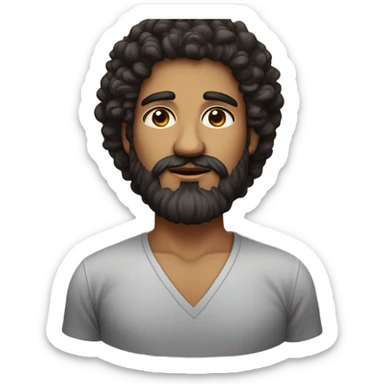 a person with a head of thick, dark curly hair that sits voluminously atop their head. he have a brown eyes, set above a broad nose and full lips. A prominent, full dark beard covers the lower part of the face, extending to the chin and upper neck. The face has a round shape with noticeable cheekbones, and the skin tone is a warm medium brown sticker