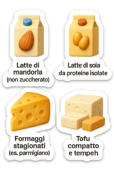 emoji stile iphone 3d di Latte e yogurt delattosati in italiano
Latte di mandorla (non zuccherato)
Latte di soia da proteine isolate
Formaggi stagionati (es. parmigiano)
Tofu compatto e tempeh
 che fluttuano in aria, iperealistico 4k sticker
