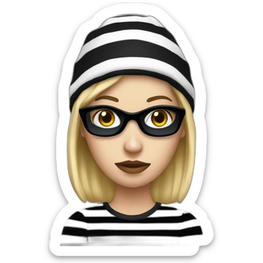 bank robber blonde woman with black beanie hat eye mask and striped shirt sticker