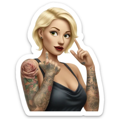 Blonde elegant women, her Body Covered with Tattoos, POINTING YOU with her ONE HAND , Hyper realistic sticker