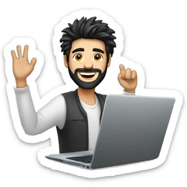man with black hair, a beard and messy hair with a tapered fade working on a laptop waving hello sticker