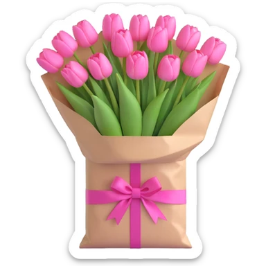 a bouquet of pink tulips in a white paper bag tied with a pink ribbon, 3D iOS emoji style, pastel pinks and mint greens, subtle shadows, minimal and fresh sticker