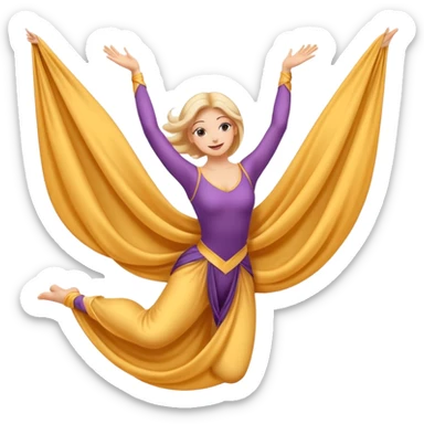 Emoji estilo ilustración de una mujer practicando danza aérea en tela, sus manos colgada en telas de seda, expresión feliz, estilo emoji moderno, colores suaves, fondo simple sticker