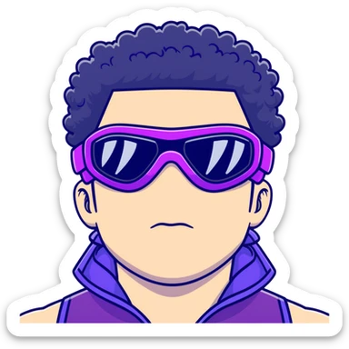 male athlete with white skin and moderately curly black hair on top with shaved sides, wearing ski goggles with purple frames and very dark black lenses, a simple plain black chain necklace, and an open shiny purple vest showing his chest and abs, no earrings sticker