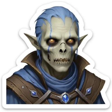 Cinematic Realistic WoW undead civilian Portrait, depicted with decayed yet noble features, his weathered, pallid skin etched with ghostly blue veins and ancient scars. Clad in modest, tattered attire in muted browns and greys that remain consistently rugged, his hollow eyes burn with determined defiance. Rendered with lifelike texture and dramatic natural lighting, high shine, noble and resilient, capturing the stoic spirit of an undead veteran of Azeroth. sticker