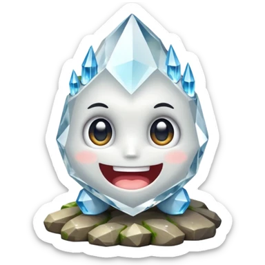 A single cute crystal rock character inspired by a clear quartz cluster, chunky round base with many tall transparent crystal spikes growing upward all around it, faceted and slightly imperfect, on the front of the base a big kawaii face with large glossy eyes and a wide happy smile sticker