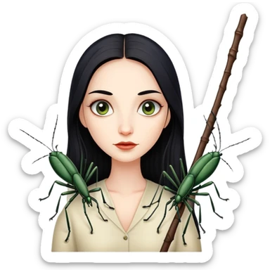 beautiful pale woman with long black hair next to stick bug sticker