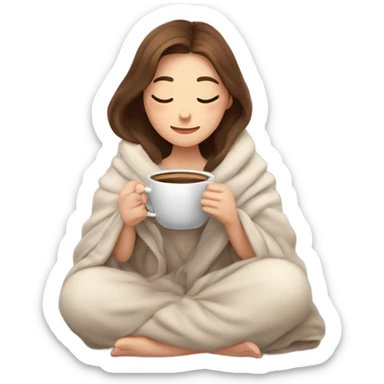 A cozy, heartwarming illustration of a beautiful girl with fair skin and brown hair, sitting comfortably under a soft blanket. She is holding a steaming cup of coffee with both hands, exuding warmth and relaxation. sticker