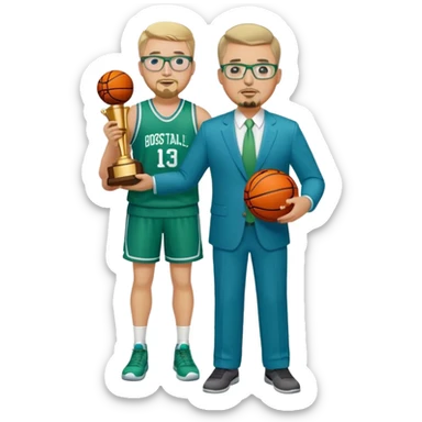 Full Body white male plus size wearing glasses with a goatee with light blonde and gray very short hair basketball head Coach in blue and green suit holding trophy sticker