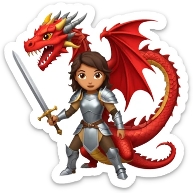 Fierce Latina in armor with a sword after a battle cutting off the head of a dragon sticker