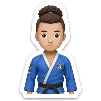 Mixed race boy BJJ instructor with pony tail afro hair and shaved bald sides haircut, Make the hair brown and the belt blue. Add the roger Gracie academy logo on the go also and the p logo of progress jiu jitsu on the right arm sleeve  at the top sticker