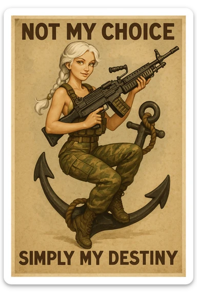 a retro military pinup " not my choice, simply my destiny "
; female figure young,gorgeous, white hair 1 braid, gold yellow eyes, riding side-saddle on a massive anchor , with a massive LMG 249,  wearing a swimsuit and bdu bottom with plate-carrier sticker