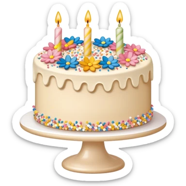  beige and white birthday cake with buttercream frosting flowers and sprinkles sticker