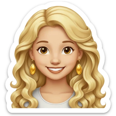 Girl showing happiness, light skin, long wavy blonde hair, gold earrings sticker