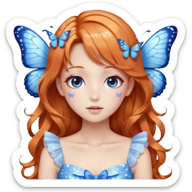 gorgeous shiny blushing pastel core glittery sparkly anime lady with butterflies and beautiful ginger hair fairycore high quality detailed vogue trending aesthetic, blonde hair, blue and white dress sticker