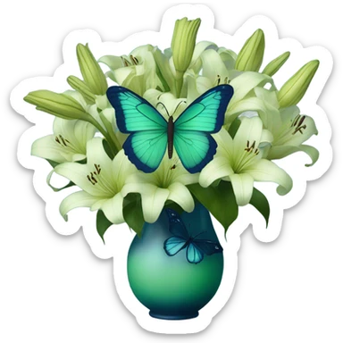 Aesthetic butterfly with blue and green  wings sitting on a dark blue bouquet of Lilies in a pastel green vase sticker
