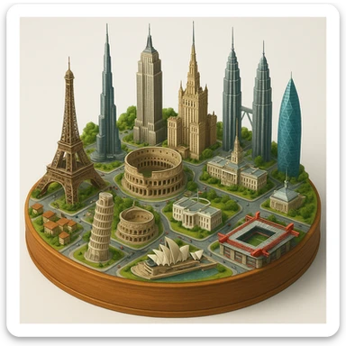 Оставь основу картинки - деревянную подставку, но при этом сгенерируй изометричную, яркая, детализированную и фотореалистичную модель где будет самые узнаваемые здания мира - Эмпайр Стейт Билдинг, Эйфелева башня, Колизей, Сиднейская опера, стадион Сан-Сиро, Белый Дом Пизанская башня, здание МГУ, Бурдж-Халифа, Башни Петронас, Небоскрёб Фостера в Лондоне, Рейхстаг, Тайбэй. Здания не должны повторять и должны быть на картинке в единственном экземпляре sticker