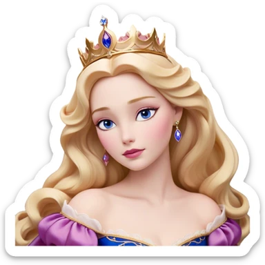 Cinematic Realistic Sleeping Beauty (Aurora) Portrait, with porcelain-like skin featuring a natural rosy flush, illuminated by soft lighting that highlights the gentle contours of her face. Her golden blonde hair flows in soft, detailed waves with subtle highlights that shimmer in the light. Her deep violet-blue eyes radiate warmth and innocence, framed by arched brows and long lashes. Her serene expression exudes quiet elegance. She is dressed in her classic pink gown, the fabric rich in texture with delicate folds that catch the light. A golden crown rests atop her head, gleaming with royal refinement. The portrait captures a soft, glowing aura, blending realism with an ethereal sense of beauty and timeless enchantment. sticker
