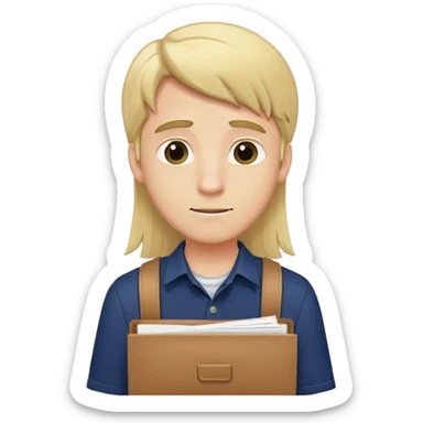Guy with long straight blonde hair behind head and navy button up holding a school packet sticker