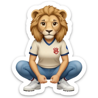confident anthropomorphised female lion wearing a baseball shirt, jeans, trainers, squatting, empty hands sticker