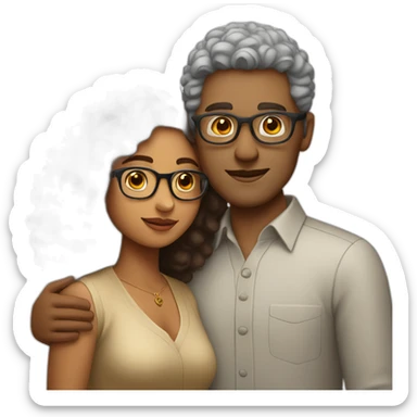 Indian woman with curly hair hugging a « tall white man wearing glasses » sticker
