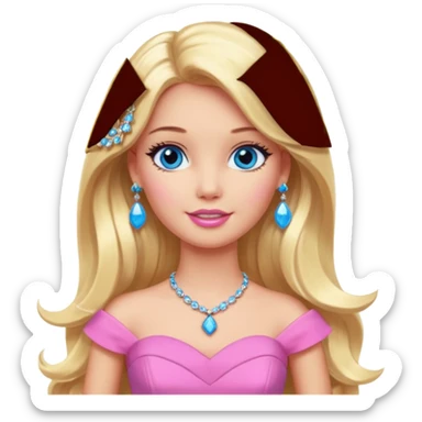 barbie, long blonde hair, pink dress, with blue eyes,different dress,ear rings, jewelry. sticker