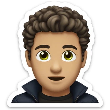 Dark Brown luscious hair for a boy with a black jacket and silver chain across neck, green eyes, navy undershirt, goatee, tanned skin, cut eyebrow, small scar on bottom lip to the right sticker