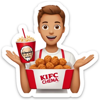 Create an emoji of a person holding a KFC meal with the phrase 'Absolute Cinema' in bold text. The person should look excited, as if they're enjoying the best meal ever. Use vibrant colors and a fun, expressive style. sticker