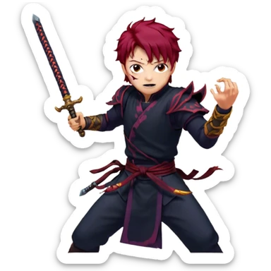 Icon for Kimetsu no Yaiba: Tanjiro Kamado wielding his sword in a dynamic battle pose, surrounded by colorful demon-slaying action. The design should capture the fiery energy and intensity of the anime with vibrant, dramatic elements. Transparent background. sticker