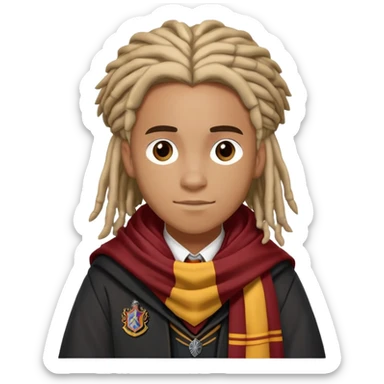 Luke Youngblood is Lee Jordan in harry potter, wear hogwarts uniform, dreadlocks hair, gryfindor scarf around neck sticker