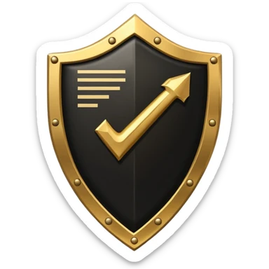 Black and gold emoji of a cracked shield reforming around a checklist with one strong tick, symbolising discipline rebuilt after failure, luxury minimal style, transparent background. sticker