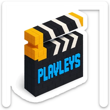voxel style movie clapperboard with the text 'PLAVLEYS', gold lid, black and white stripes, isometric view sticker