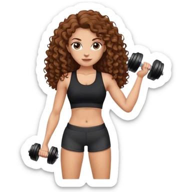 white woman with long brown curly hair in black top and shorts holding dumbbell sticker