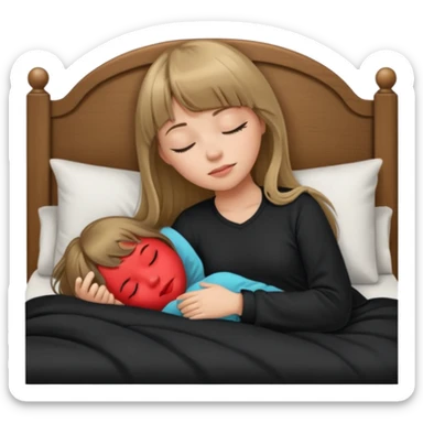 Young woman with long dark blond hair all around her, and a bang, sleeping in bed  with black pyjama  sticker