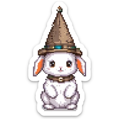 wizard baby bunny wearing a pointed hat, pixel art style sticker
