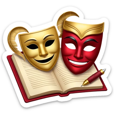Create a bold and dramatic emoji representing the art of playwriting. The design should feature an open script or a theater playbook, with stylized text lines or dramatic dialogue inside. Include elements like a theatrical comedy and tragedy masks, a stage spotlight, or a quill to symbolize creativity and performance. Use deep, contrasting colors like red, black, and gold to evoke the intensity and passion of drama. The overall design should feel dramatic, inspiring, and artistic. Make the background transparent. sticker