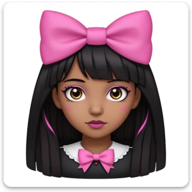 brown skin, straight hair with the ends curved upwards, bangs above the eyebrow, dark brown eyes, girl, half gothic and pink style   sticker