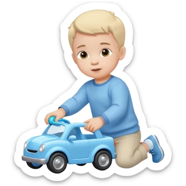 cute toddler boy with pastel blue clothes playing with a blue toy car sticker