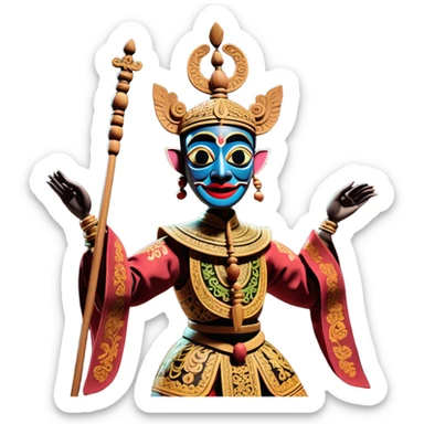 Golek Ayun-ayun – Cinematic Realistic Wayang Golek Ayun-ayun, depicted as an intricately carved traditional wooden puppet with vibrant painted details and expressive features, set on a dimly lit stage with dramatic shadows that evoke centuries of Indonesian theatrical heritage, rendered with lifelike textures and subtle ambient glow. sticker