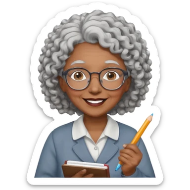 old woman teacher, brown skin, curly grey white hai, wearing glasses, hold chalk on hand sticker