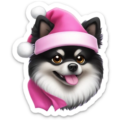 Black Pomeranian with white snout wearing a pink Santa hat sticker