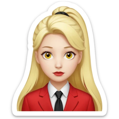 Woman with porcelain white skin, thick blonde hair that's in a thick, long ponytail, has a black tipped nose, yellow scleras, red pupils, and a red suit with a black tie. sticker