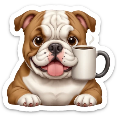 English bulldog holding a coffee mug sticker